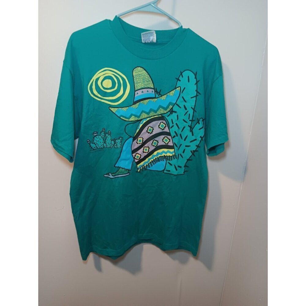 Vintage 90s Hanes Single Stitch MCM Mexican Sombrero Teal T-Shirt Size Large